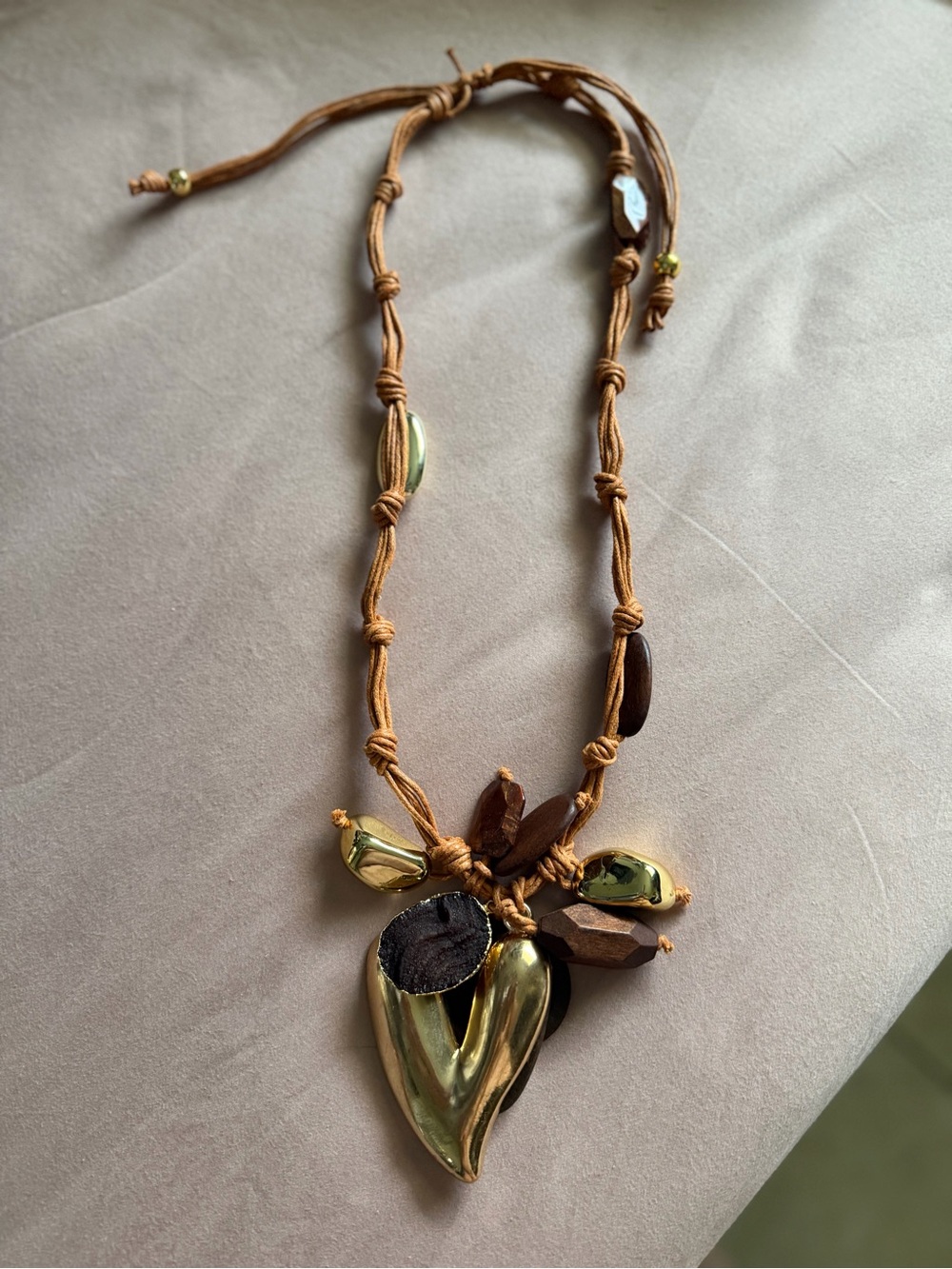 Statement Orange Cord Necklace with Gold-Tone Heart Pendant